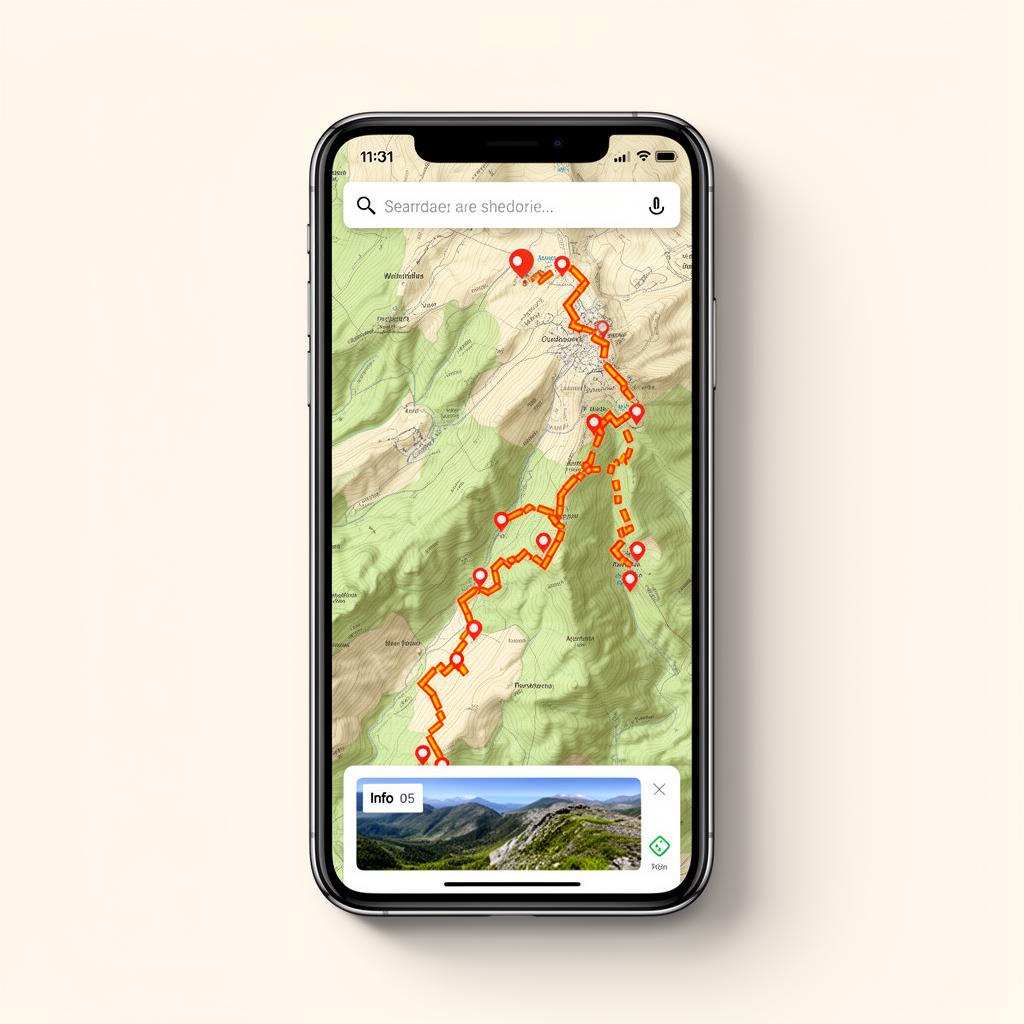 Mockup Outdooractive aplikacije s prikazom trail mape.